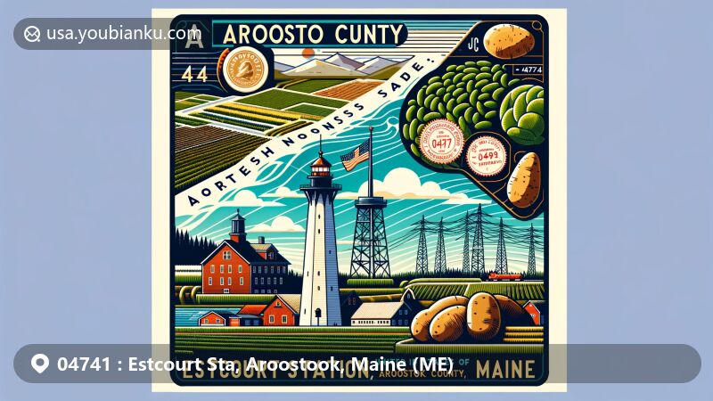 Modern illustration of Estcourt Station, Aroostook County, Maine, showcasing postal theme with ZIP code 04741, featuring rich agricultural heritage and Irish cultural influences.