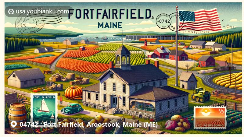 Modern illustration of Fort Fairfield, Maine, showcasing postal theme with ZIP code 04742, including Blockhouse Museum, potato field landscapes, and Maine Potato Blossom Festival elements.