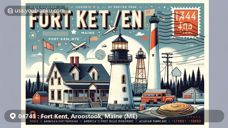 Modern illustration of Fort Kent, Maine, with ZIP code 04743, featuring landmarks like Fort Kent Blockhouse, America's First Mile monument, and local delicacy 'Ployes'. The design showcases town's rich history, geographical significance, and cultural flavor, with prominent postal elements.
