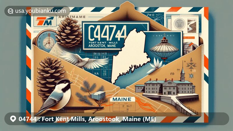 Modern illustration of Fort Kent Mills, Aroostook County, Maine, featuring vintage airmail envelope with ZIP code 04744, showcasing local symbols including Fort Kent fort and Maine state emblems.