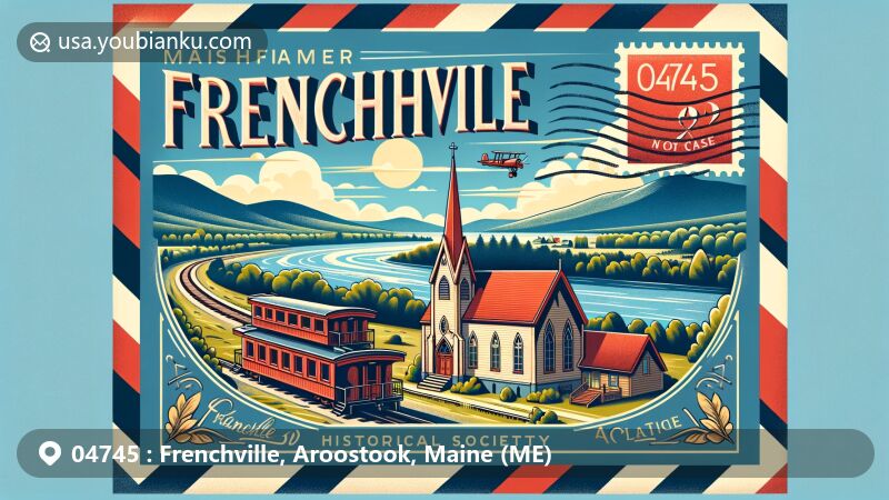 Modern illustration of Frenchville, Aroostook County, Maine, capturing St. John River Valley, Ste. Luce Catholic Church, and Frenchville Historical Society's 'Caboose', presented in vintage airmail envelope with ZIP code 04745.
