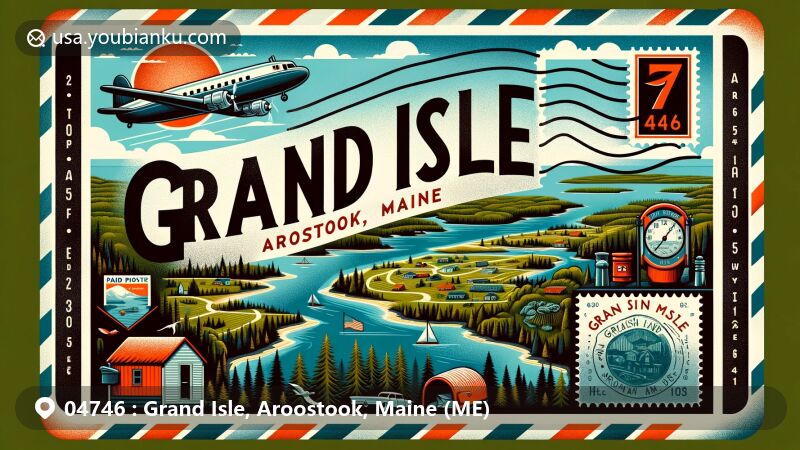 Modern illustration of Grand Isle, Aroostook, Maine, with postal theme featuring ZIP code 04746, showcasing scenic landscapes, the St. John River, and Maine's natural beauty.