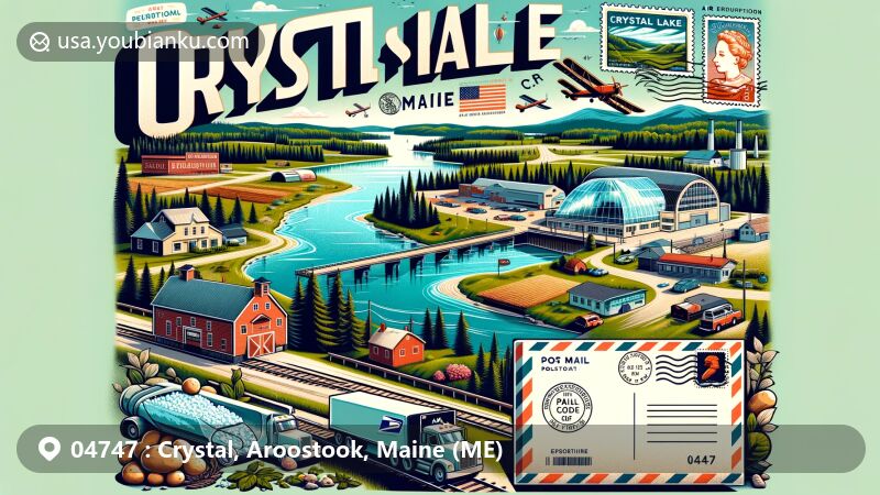 Modern illustration of Crystal, Maine, highlighting Crystal Lake, Crystal Stream, agriculture, logging, railroad tracks, and creative postal elements like air mail envelope with ZIP Code 04747.