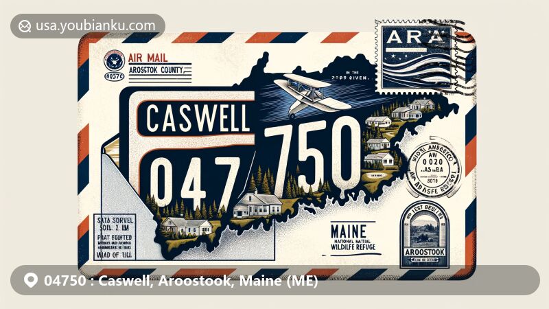 Modern illustration of Caswell, Aroostook County, Maine, with postal theme of ZIP code 04750, featuring town map, Maine state flag, and Aroostook National Wildlife Refuge.