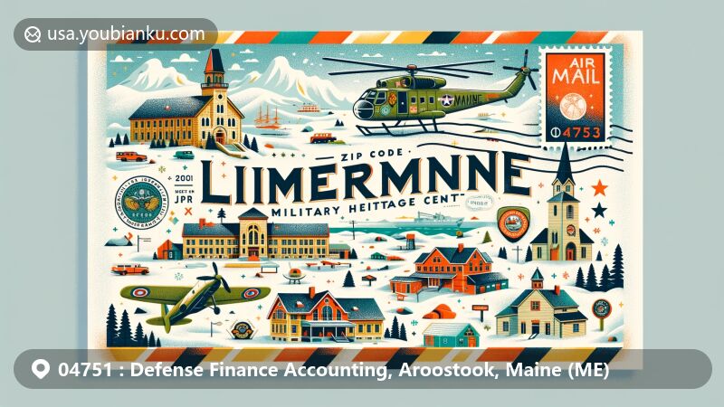 Modern illustration of Limestone, Aroostook County, Maine, capturing postal theme with ZIP code 04751, highlighting Loring Military Heritage Center, diverse landscape, and snowy climate backdrop.