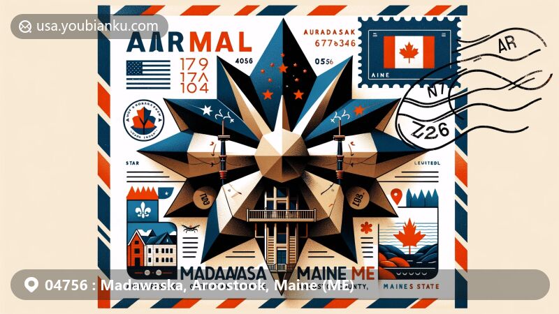 Detailed illustration of a unique airmail envelope from Madawaska, Maine, showcasing postal code 04756 and Acadian heritage with a central pentagon sculpture symbol. Depicts the region's humid continental climate, French cultural elements, and the Maine state flag.