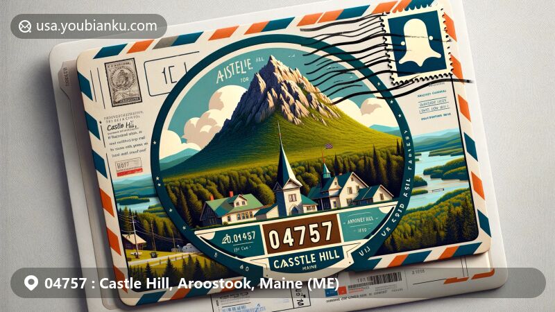 Modern illustration of Castle Hill, Aroostook County, Maine, representing postal theme with ZIP code 04757, showcasing creative postcard design with postage elements against backdrop of Haystack Mountain.