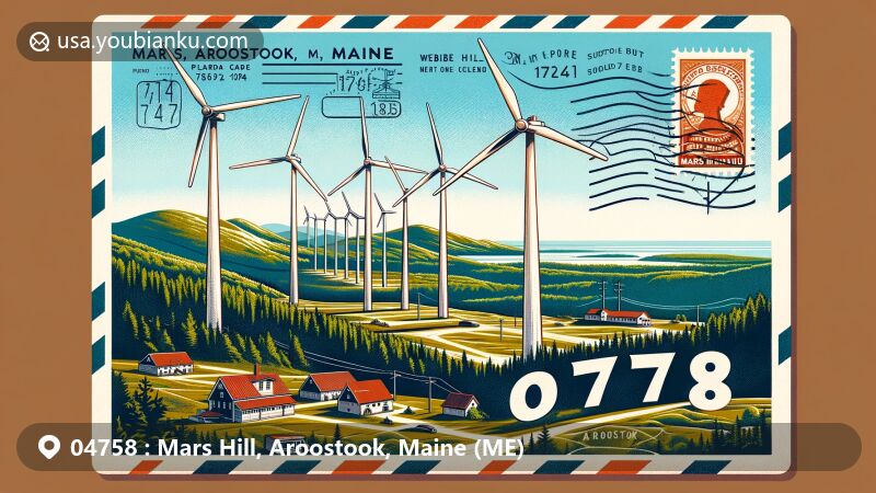 Modern illustration of Mars Hill, Aroostook County, Maine, highlighting postal theme with ZIP code 04758, featuring Mars Hill Mountain and wind turbines from Mars Hill Wind Farm.