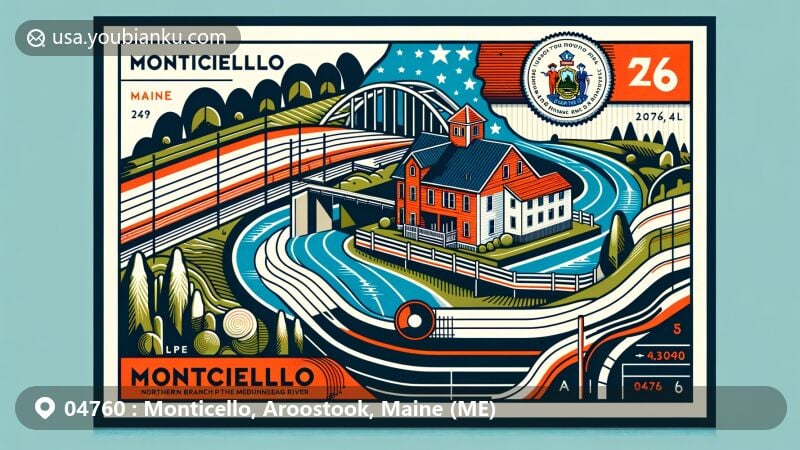 Modern illustration of Monticello, Maine, showcasing Meduxnekeag River with traditional farms, representing natural beauty and agricultural heritage. Postcard design features Maine state flag stamp, postmark, Monticello map outline, and ZIP code 04760.
