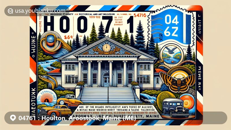 Modern illustration of Houlton, Aroostook County, Maine, featuring creatively designed postal element reminiscent of vintage airmail envelope. Depicts Aroostook County Historical and Art Museum with Colonial Revival architecture, cultural symbols of Micmac and Maliseet tribes, and natural beauty of Maine.