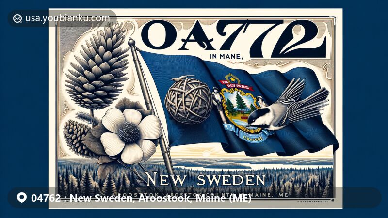 Modern illustration of New Sweden, Aroostook County, Maine, with emphasis on Maine state symbols including flag, flower, and bird, set against a backdrop of Aroostook County's forested landscape, showcasing ZIP code 04762.