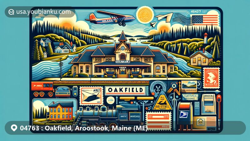 Vivid illustration of Oakfield, Maine, featuring historic Oakfield Railroad Station and scenic natural landscapes of forests, hills, and lakes, integrated with postal elements like airmail envelope, stamps, ZIP code 04763 postmark, mailbox, and mail car.