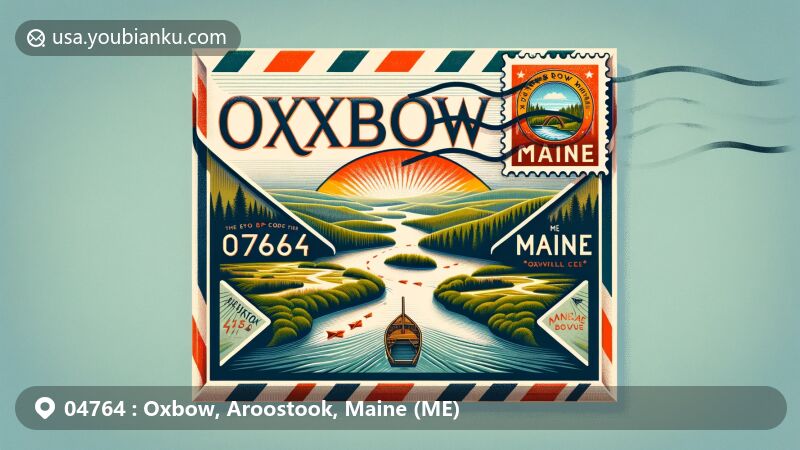 Vintage-style illustration of Oxbow, Aroostook, Maine (ME), showcasing postal theme with ZIP code 04764, featuring Aroostook River, North Maine Woods, and Maine state flag.