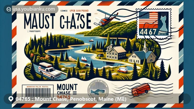 Modern illustration of Mount Chase, Maine, showcasing postal theme with ZIP code 04765, featuring Upper Shin Pond, Lower Shin Pond, forest landscapes, and postal elements like stamps, postmarks, mailbox, and mail truck.