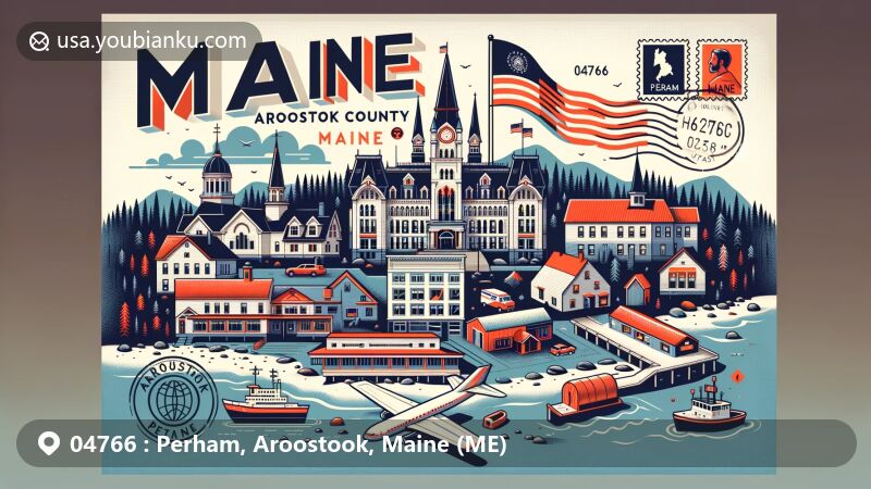 Modern illustration of Perham, Aroostook, Maine (ME), featuring postal theme with ZIP code 04766, incorporating state symbols like the Maine state flag and postal elements such as airmail envelope, postage stamp, and postmark.