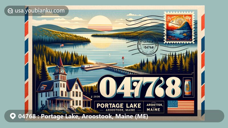 Colorful illustration of Portage Lake, Aroostook, Maine (ME) showcasing natural beauty, Portage Lake Municipal Building, Maine state flag, forests, wildlife, vintage postage stamp with a lighthouse, and postal theme with 'Portage Lake, Aroostook, Maine 04768'.