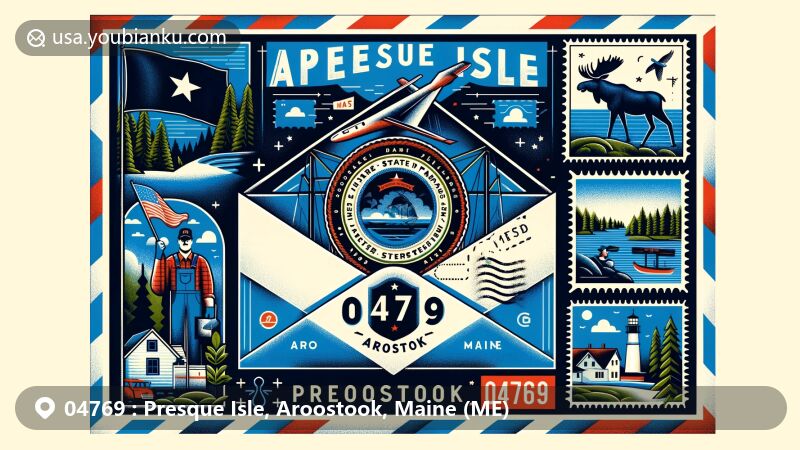 Modern illustration of Presque Isle, Aroostook County, Maine, featuring airmail theme with ZIP code 04769, showcasing state symbols and iconic landmarks like Aroostook State Park.