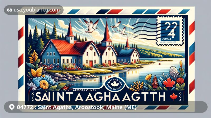 Modern illustration of Saint Agatha, Aroostook County, Maine, capturing Acadian culture with scenic Long Lake view and Madawaska twin barns in French-Canadian style, featuring postal elements such as stamp, postmark, and ZIP Code 04772.