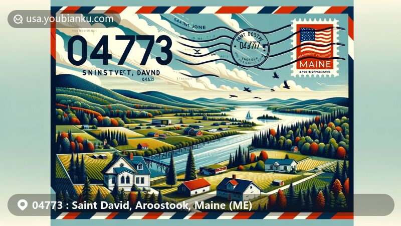 Modern illustration of Saint David, Aroostook County, Maine, highlighting the rural charm and natural beauty of the Saint John River Valley, showcasing a stylized postcard with ZIP code 04773 and Maine state symbols.