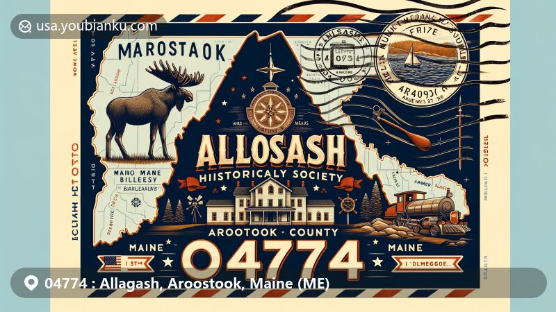 Modern illustration of Allagash, Aroostook, Maine, showcasing vintage airmail envelope design with Allagash Historical Society Museum, Aroostook County map, and Maine state flag with emblematic symbols.
