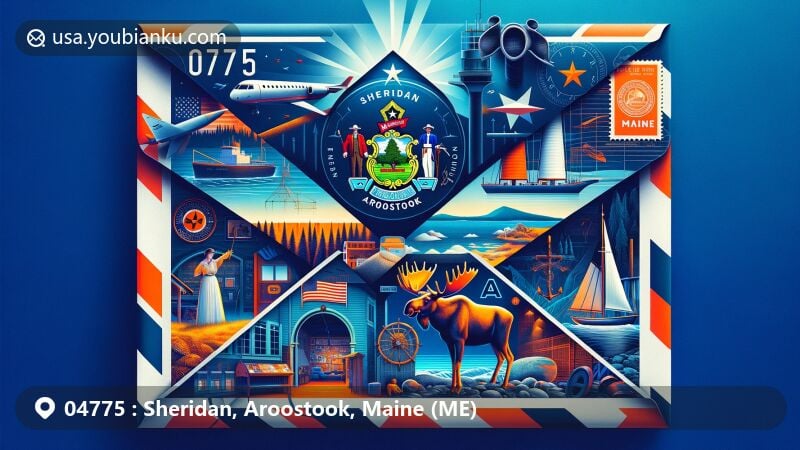 Modern illustration of Sheridan, Aroostook, Maine (ME), featuring a creative airmail envelope representing postal communication, showcasing Maine state flag and coat of arms, Aroostook County's map, and maritime heritage elements.