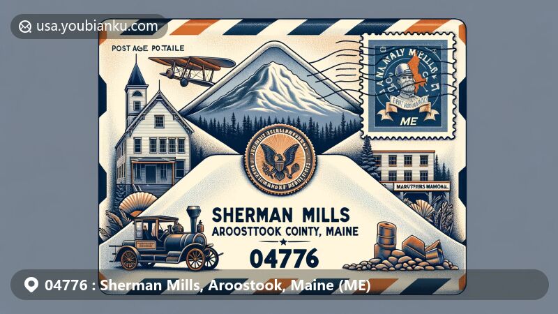 Modern illustration of Sherman Mills, Aroostook County, Maine, showcasing vintage airmail envelope with ZIP code 04776, featuring Mount Katahdin and Caldwell Brothers Civil War Memorial.