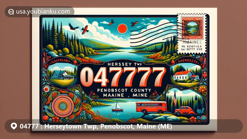 Modern illustration of Herseytown Twp, Penobscot County, Maine, featuring lush green landscape with forests and Davidson Pond, honoring Penobscot culture and integrating Maine state flag, with vintage postal elements like stamp, '04777' postal mark, red mailbox, and mail delivery truck.