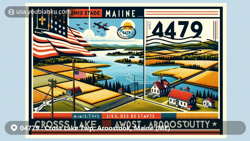 Modern illustration of Cross Lake Twp, Aroostook County, Maine, capturing scenic farmlands and postal theme with postcard shape, stamp, and postmark, featuring US, Maine, and Aroostook County symbols.