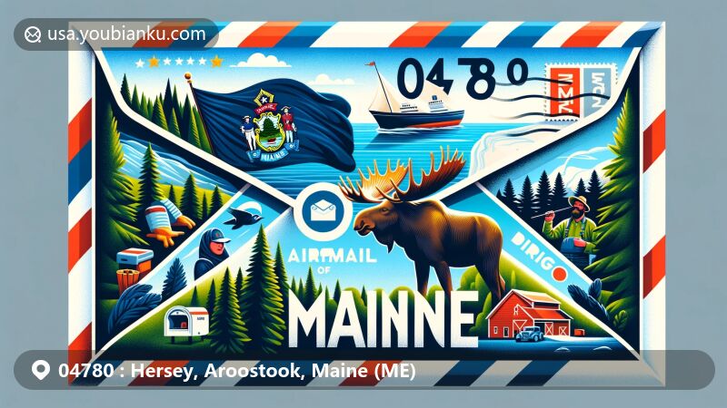 Modern illustration of a Maine-themed airmail envelope with state flag elements including moose, pine tree, farmer, sailor, North Star, and Latin motto 'Dirigo', set against scenic Maine landscape and postal symbols.
