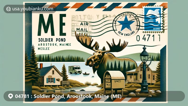 Modern illustration of Soldier Pond, Aroostook, Maine, featuring rural buildings near Eagle Lake, Maine flag with pine tree and North Star, majestic moose, and postal elements with ZIP code 04781.