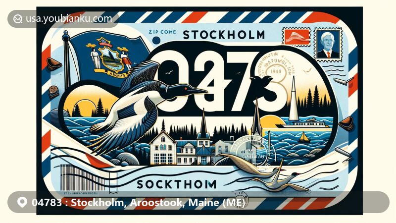 Modern illustration of Stockholm, Aroostook, Maine, depicting postal theme with ZIP code 04783, featuring Maine state flag, Madawaska Lake loons, and Stockholm Historical Society Museum.