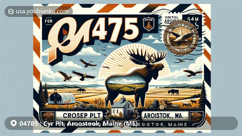 Modern illustration of Cyr Plt, Aroostook, Maine, featuring vintage airmail envelope with prominent ZIP Code 04785, showcasing panoramic view of Cyr Plantation, Maine state flag, moose population, and custom postage stamp, in a bright and captivating digital style.