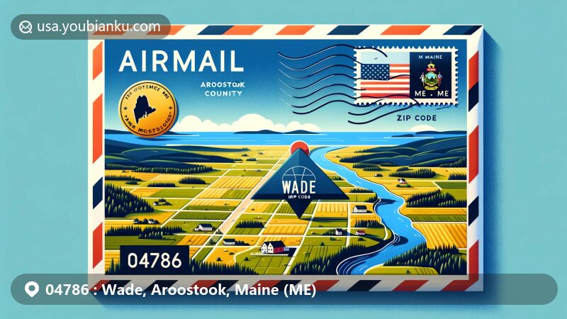 Modern illustration of Wade, Aroostook County, Maine, showcasing postal theme with ZIP code 04786, featuring Aroostook River and Maine state flag.