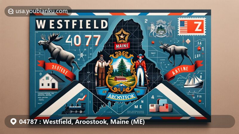 Modern illustration of Westfield, Aroostook County, Maine (ME), featuring airmail envelope design with ZIP code 04787, showcasing detailed county map and Maine state flag symbols.