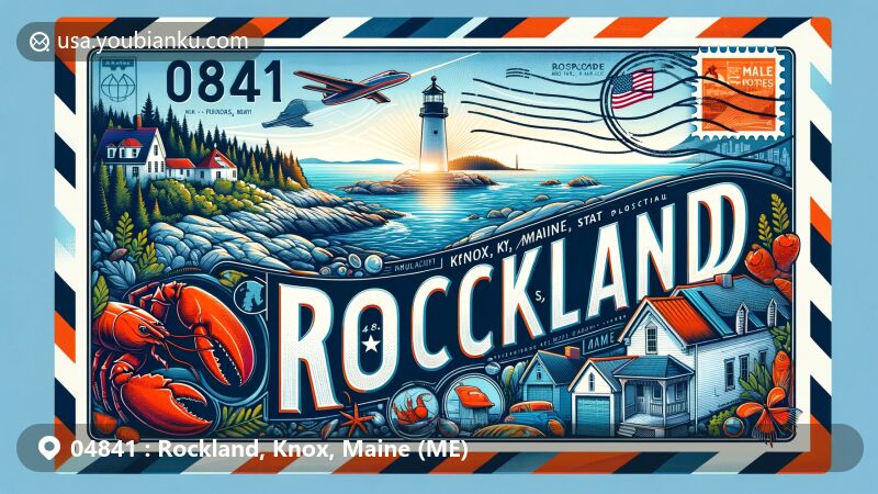 Creative depiction of Rockland, Maine (ME), showcasing Penobscot Bay, lighthouse, lobster, and postal theme with ZIP code 04841 and Maine state symbols.