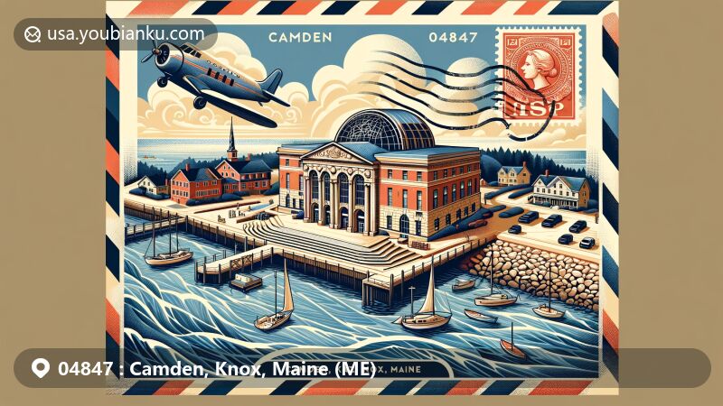 Modern illustration of Camden, Knox County, Maine, featuring iconic landmarks such as Camden Amphitheatre and Public Library, set against picturesque Camden Harbor, with postal theme highlighting ZIP code 04847.