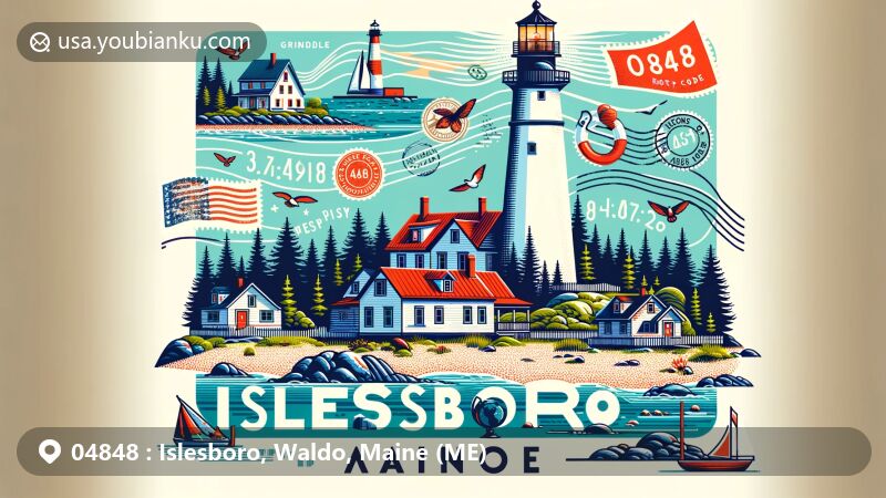 Modern illustration of Islesboro, Maine, showcasing Grindle Point Lighthouse, seaside cottages, Turtle Head Preserve, and Warren Island State Park, with postal theme including stamps, postmarks, and ZIP code 04848.