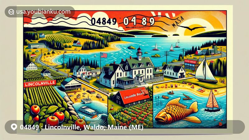 Modern illustration of Lincolnville, Waldo County, Maine, featuring scenic beauty of Lake Megunticook, Lincolnville Beach, and an apple orchard, along with a seafood restaurant, postal elements, and ZIP code 04849.
