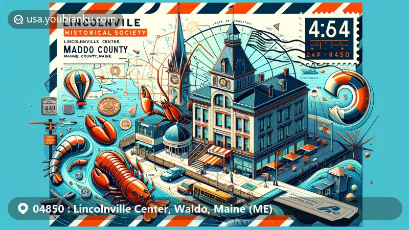 Modern illustration of Lincolnville Center, Waldo County, Maine, showcasing postal theme with ZIP code 04850, featuring historical museum, lobsters, lighthouses, and stylized county map.