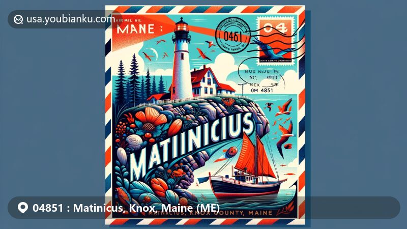 Modern illustration of Matinicus Island, Knox County, Maine, showcasing postal theme with ZIP code 04851, featuring Matinicus Rock Lighthouse and island's wildlife.