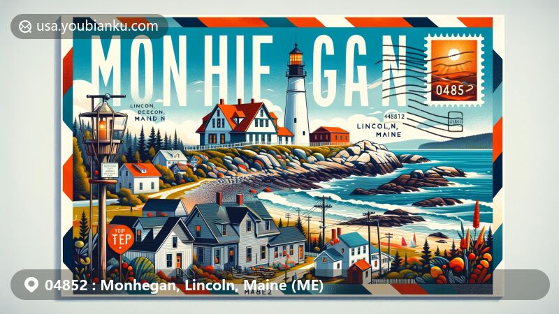 Colorful illustration of Monhegan Island, Maine, featuring iconic lighthouse overlooking Maine Bay, charming village with rustic streets and cottages, artistic elements like painter's easel or brush, and postal theme with ZIP code 04852 and 'Monhegan, Lincoln, Maine'.