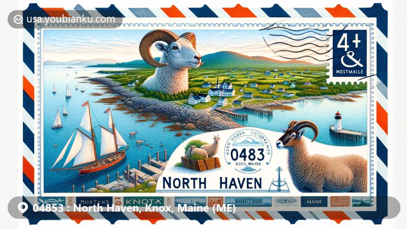 Modern illustration of North Haven, Knox, Maine, showcasing postal theme with ZIP code 04853, featuring scenic coastline, village, cultural landmarks like Hopkins Wharf Gallery or North Haven Historical Society, traditional sailing boat or lighthouse, and unique Mouflon sheep.