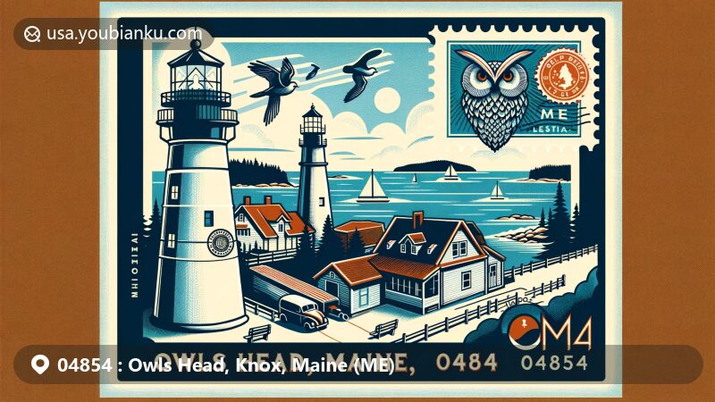 Modern illustration of Owls Head, Maine, featuring iconic Owls Head Lighthouse, picturesque Penobscot Bay, and elements of Owls Head Transportation Museum, with vintage postcard design including retro stamps and postmarks, highlighting 'Owls Head, ME 04854'.