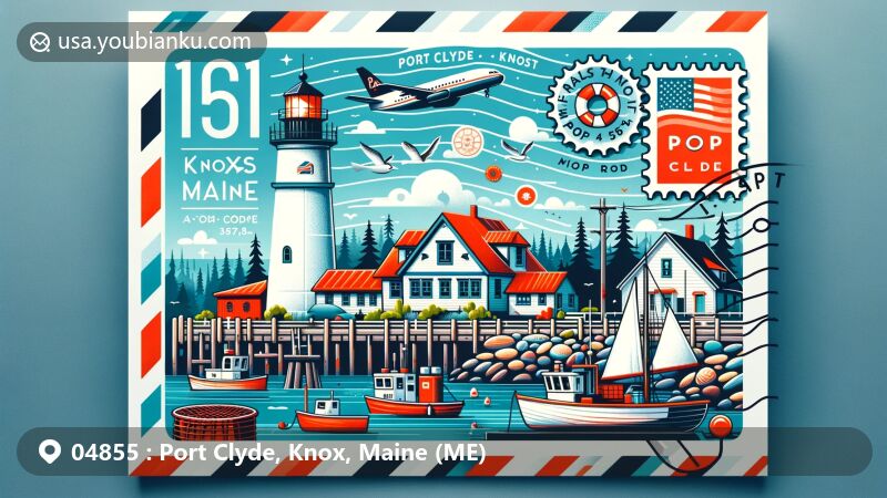 Modern illustration of Port Clyde, Knox, Maine, showcasing picturesque maritime village with Marshall Point Lighthouse, fishing boats, and lobster traps, integrated into air mail envelope design.