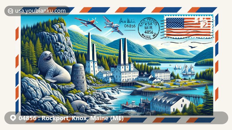 Modern illustration of Rockport, Knox County, Maine, showcasing Penobscot Bay and historic limekilns, featuring Rockport Marine Park, Andre the Seal Statue, art gallery, and Rockport Opera House, adorned with Maine state flag and postal stamp with ZIP code 04856.