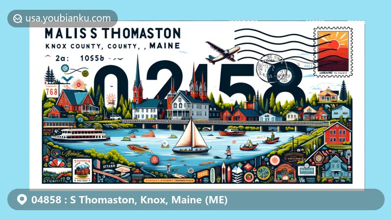 Modern illustration of S Thomaston, Knox County, Maine, showcasing postal theme with ZIP code 04858, featuring Weskeag River, Wessaweskeag Inn, George Thorndike House, and Finnish heritage elements.