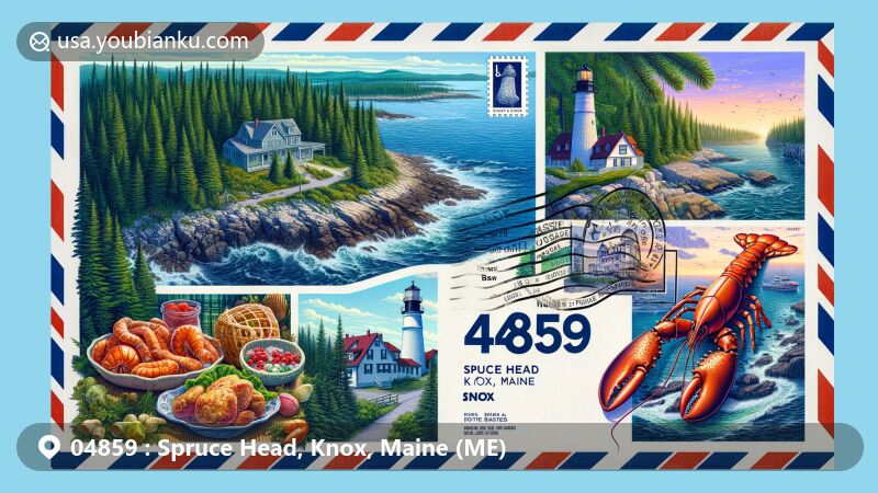 Beautiful illustration of Spruce Head, Knox, Maine, capturing postal theme with ZIP code 04859, featuring Owls Head State Park, McLoon's Lobster Shack, Two Bush Lighthouse, and Maine Lighthouse Museum.