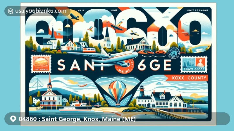 Modern illustration of Saint George, Knox County, Maine, designed as an airmail envelope with ZIP code 04860, featuring postal elements like stamps and postmark, showcasing iconic landmarks and charming villages of Port Clyde and Tenants Harbor.