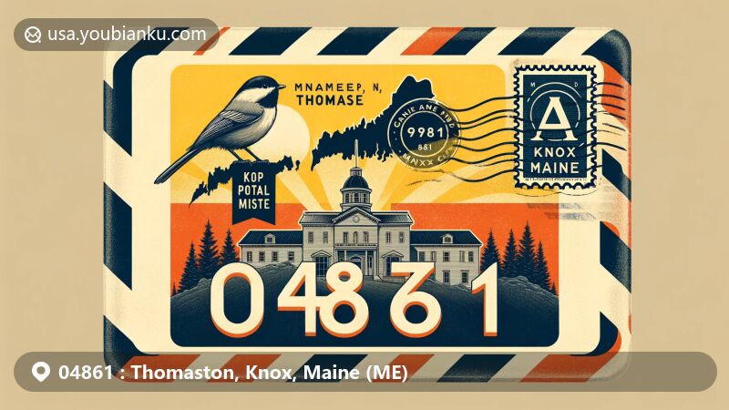 Vintage-style illustration of Thomaston, Knox, Maine (ME), featuring airmail envelope with bold '04861' ZIP code, Maine state flag, General Henry Knox Museum silhouette, Knox County outline, and Black-capped Chickadee.