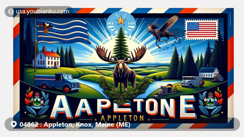 Modern illustration of Appleton, Maine, showcasing postal theme with ZIP code 04862, featuring Maine state flag with moose, pine tree, farmer, seaman, and North Star, set against serene rural landscape.